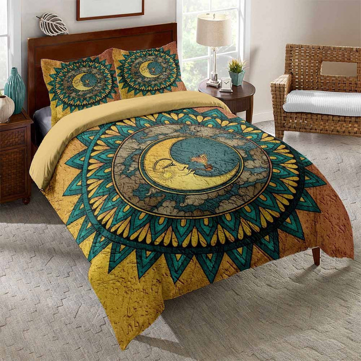 Sun And Moon Textured Printed Set Comforter Duvet Cover With Two Pillowcase Bedding Set