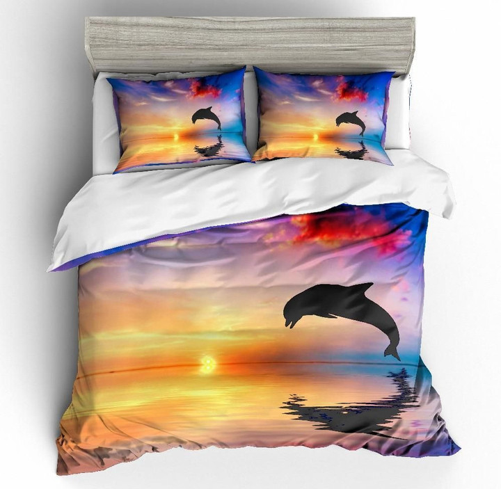 Sunset Dolphin Set Comforter Duvet Cover With Two Pillowcase Bedding Set