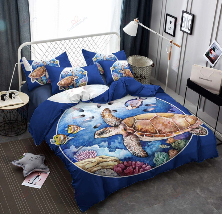 Turtle Picture Sea Printed Set Comforter Duvet Cover With Two Pillowcase Bedding Set
