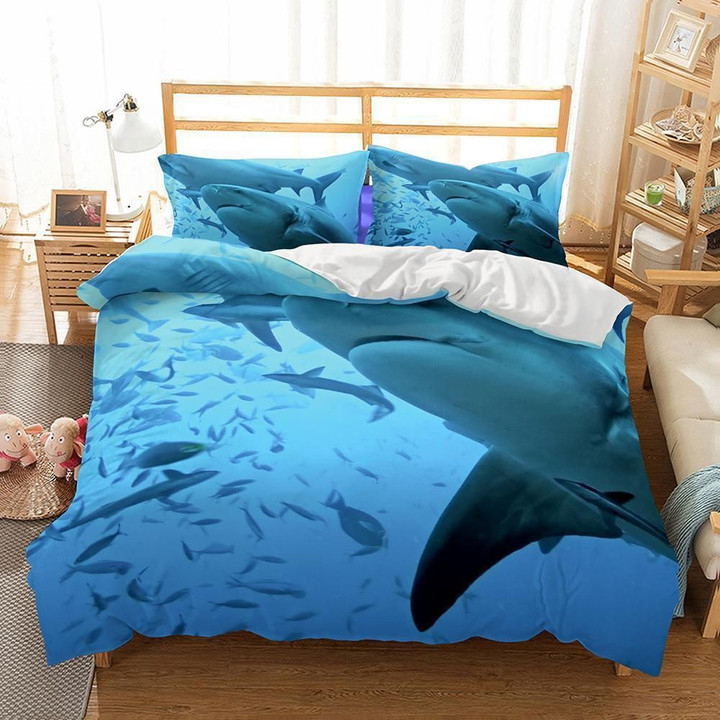 Under Ocean Shark Set Comforter Duvet Cover With Two Pillowcase Bedding Set