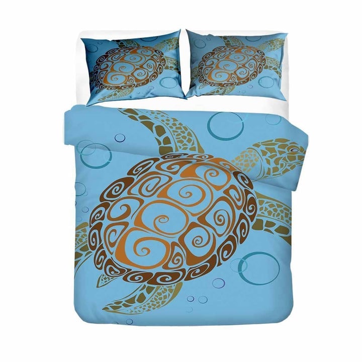 Textured Ocean Turtle Printed Set Comforter Duvet Cover With Two Pillowcase Bedding Set