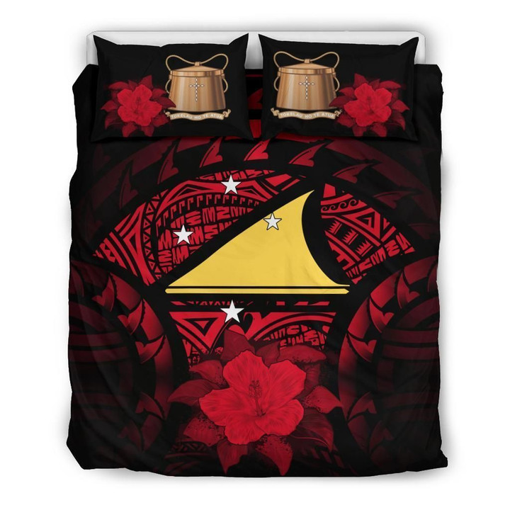 Tokelau Red Hibiscus Pattern Set Comforter Duvet Cover With Two Pillowcase Bedding Set