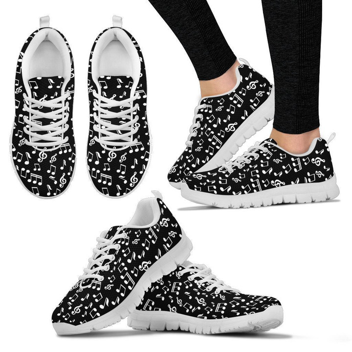 Black Music Notes Design Shoes. Womens Sneakers. White Sole