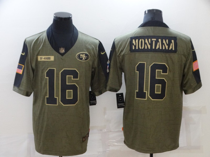 Men's San Francisco 49Ers #16 Joe Montana 2021 Olive Salute To Service Limited Stitched Jersey Nfl
