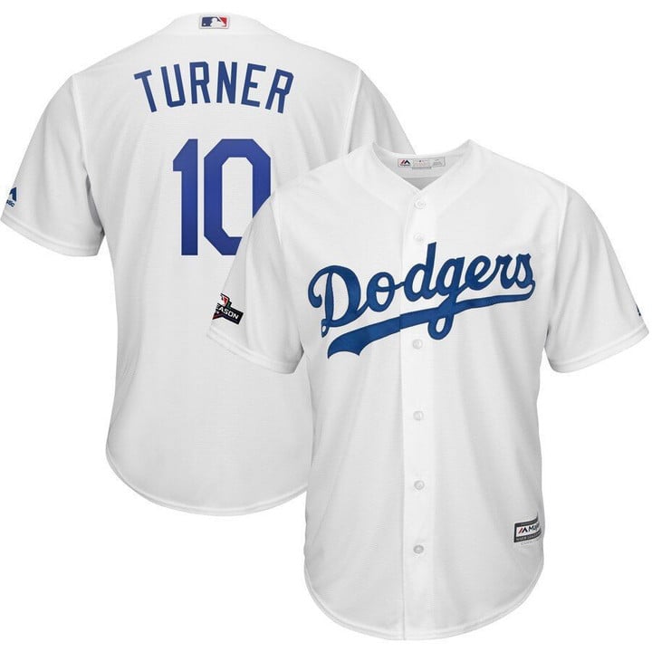 Los Angeles Dodgers #10 Justin Turner Majestic 2019 Postseason Home Official Cool Base Player White Jersey Mlb