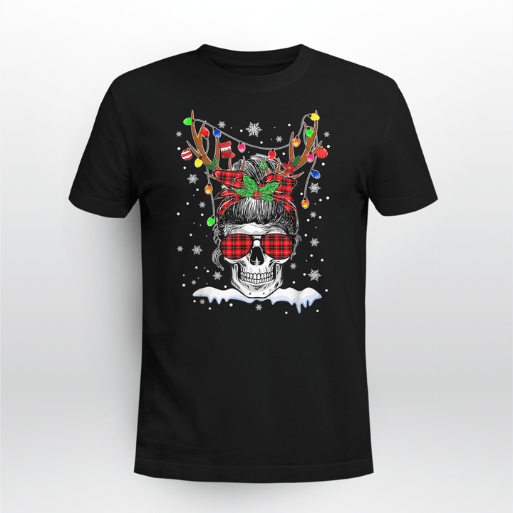 Red Buffalo Plaid Skull Santa Reindeer Christmas Lights Xmas T-Shirt