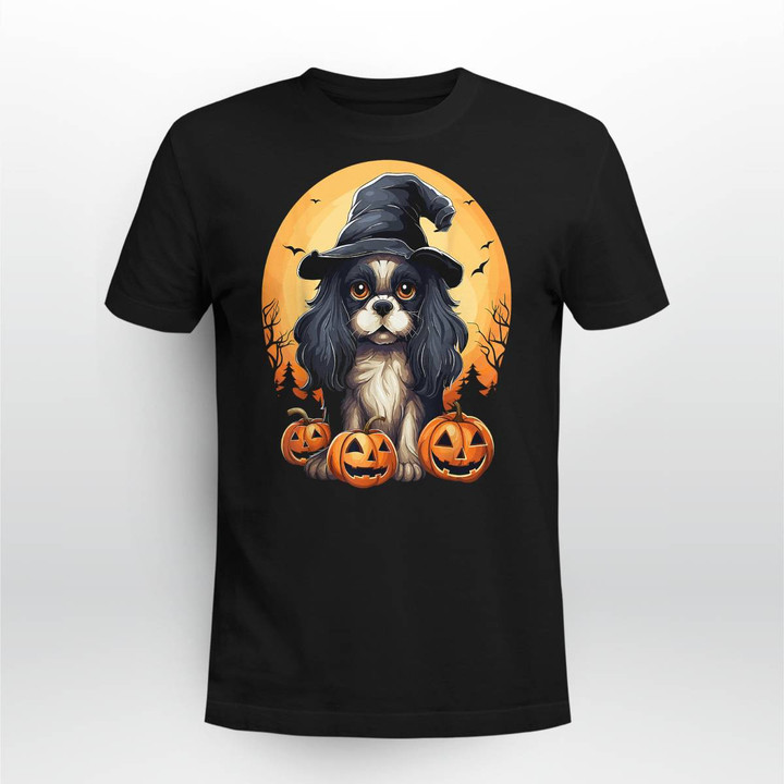 Halloween Cavalier King Charles Spaniel Witch Hat Pumpkin