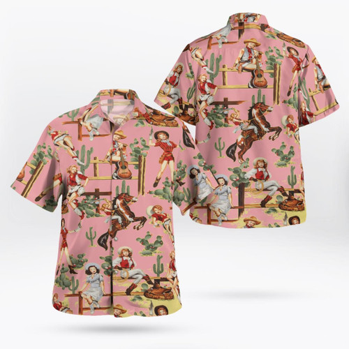 Rancher Girls Pistols From The Hip Cowboy Pin Up Pink Hawaiian Shirt