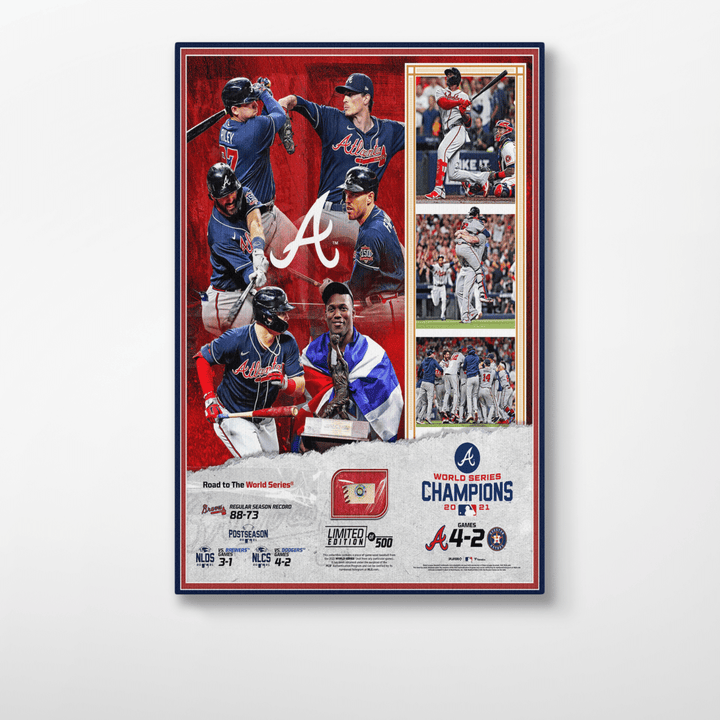 Atlanta 2021 World Series Champions Scores Collage with a Piece of Game-Used World Series Baseball Canvas + Poster