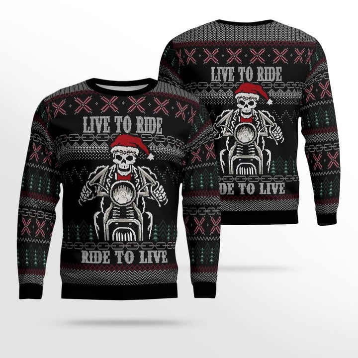 Live To Ride Ride To Live Motorcycle Skeleton Ugly Christmas Sweater