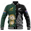 South Africa Protea and New Zealand Fern Baseball Jacket Rugby Go Springboks vs All Black