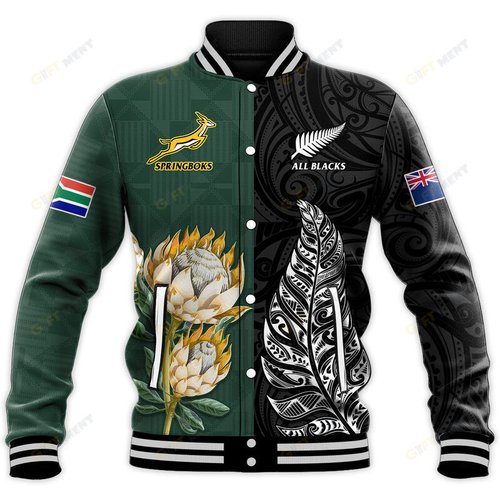 South Africa Protea and New Zealand Fern Baseball Jacket Rugby Go Springboks vs All Black