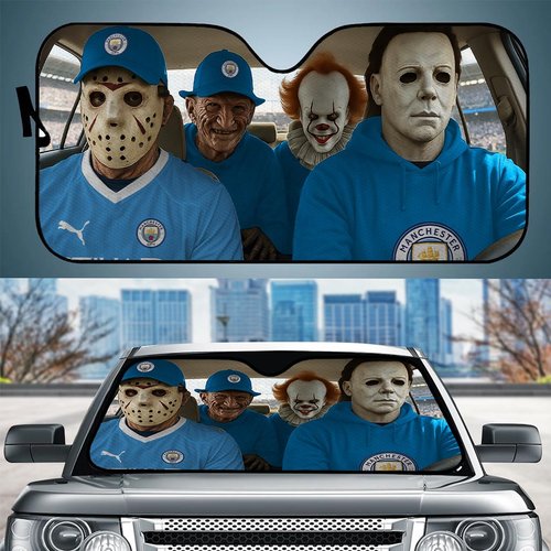 Manchester City Horror Movie Funny Car Sunshade | EPL Halloween Windshield Cover Funny Car Sunshade Limited Edition