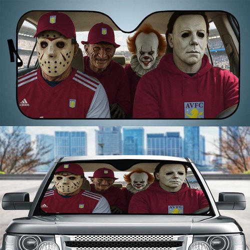 Aston Villa Horror Movie Funny Car Sunshade | EPL Halloween Windshield Cover Funny Car Sunshade Limited Edition