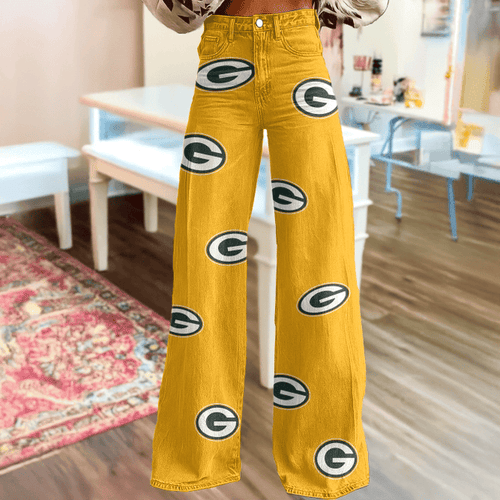 Green Bay Packers Logo Print Wide Leg Jeans | Fan Fashion Statement