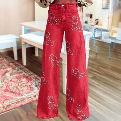 Ole Miss Rebels Logo Print Wide Leg Jeans | Fan Fashion Statement
