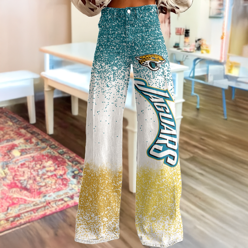 Jacksonville Jaguars Logo Print Wide Leg Jeans Gradient Sparkle | Fan Fashion Statement