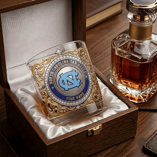 North Carolina Tar Heels NCAA Whiskey Glass | 3D Tribal Gold Edition