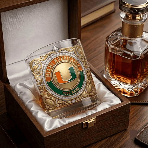 Miami Hurricanes NCAA Whiskey Glass | 3D Tribal Gold Edition