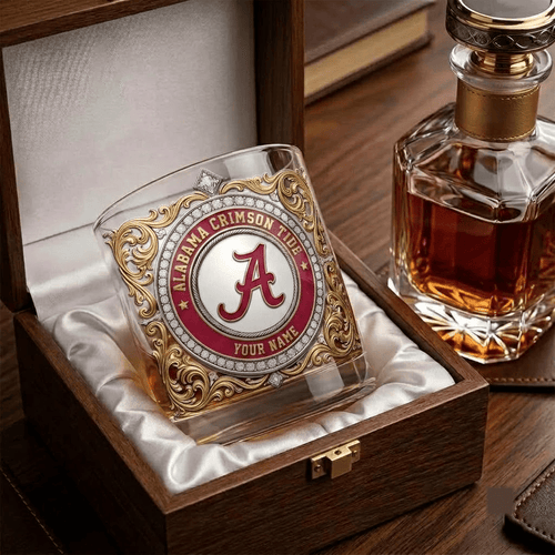 Alabama Crimson Tide NCAA Whiskey Glass | 3D Tribal Gold Edition