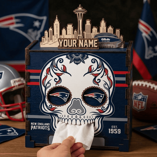 New England Patriots NFL Personalized Wooden Tissue Box – Custom Name Gift