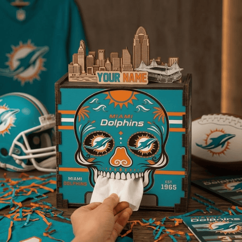 Miami Dolphins NFL Personalized Wooden Tissue Box – Custom Name Gift