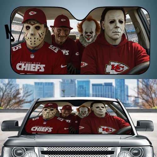 Kansas City Chiefs Horror Movie Car Sunshade | NFL Halloween Windshield Cover Funny Car Sunshade Limited Edition