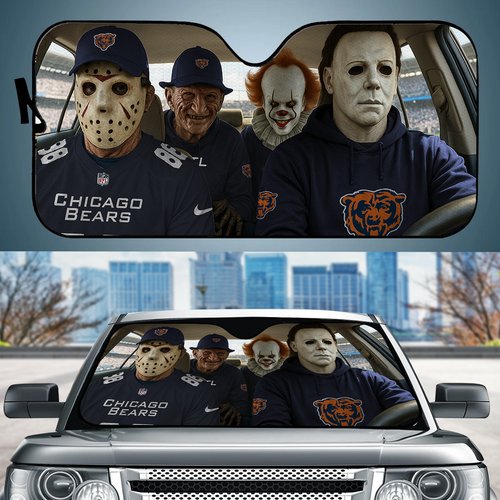 Chicago Bears Horror Movie Car Sunshade | NFL Halloween Windshield Cover Funny Car Sunshade Limited Edition