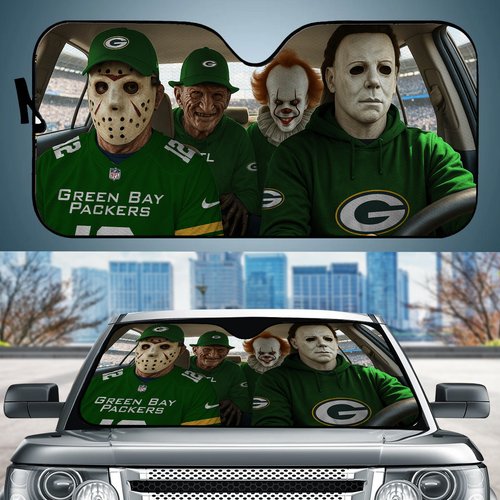 Green Bay Packers Horror Movie Car Sunshade | NFL Halloween Windshield Cover Funny Car Sunshade Limited Edition