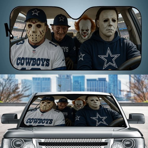 Dallas Cowboys Horror Movie Car Sunshade | NFL Halloween Windshield Cover Funny Car Sunshade Limited Edition