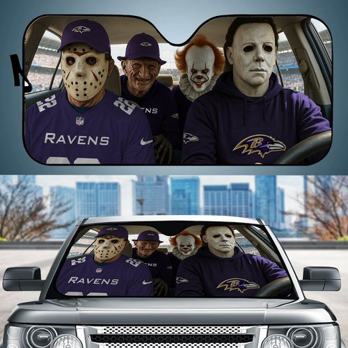 Baltimore Ravens Horror Movie Car Sunshade | NFL Halloween Windshield Cover Funny Car Sunshade Limited Edition
