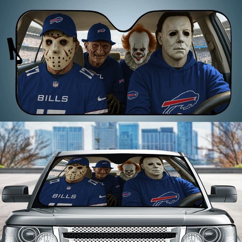 Buffalo Bills Horror Movie Car Sunshade | NFL Halloween Windshield Cover Funny Car Sunshade Limited Edition