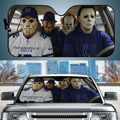 Indianapolis Colts Horror Movie Car Sunshade | NFL Halloween Windshield Cover Funny Car Sunshade Limited Edition