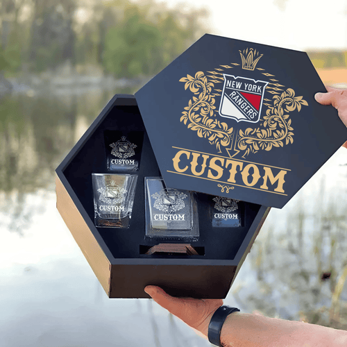 Personalized New York Rangers Decanter Set Wooden Box Custom Gift