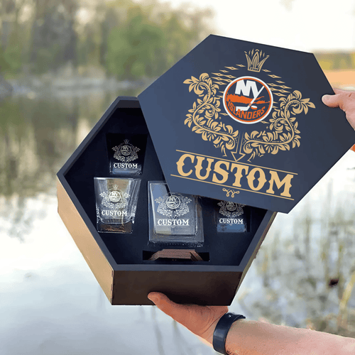 Personalized New York Islanders Decanter Set Wooden Box Custom Gift