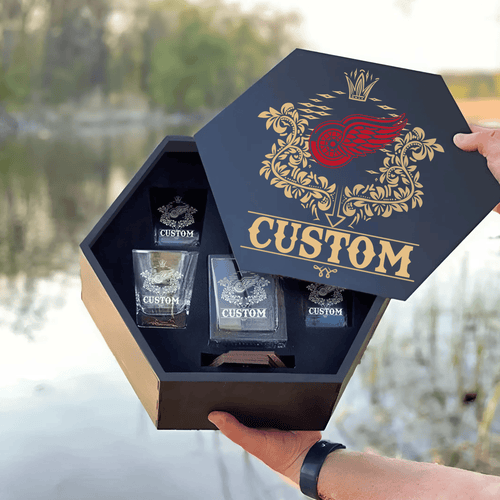 Personalized Detroit Red Wings Decanter Set Wooden Box Custom Gift