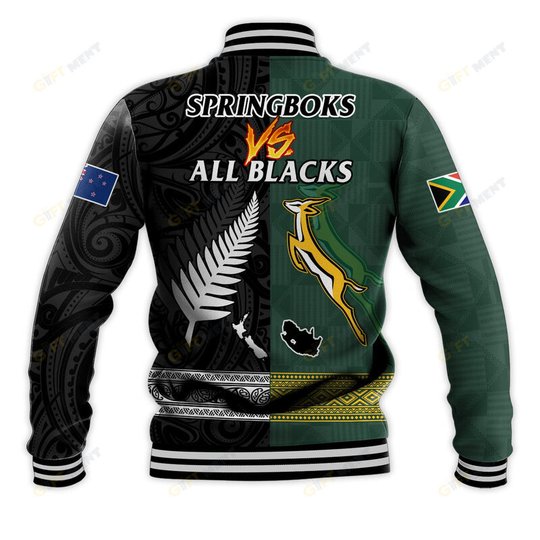 South Africa Protea and New Zealand Fern Baseball Jacket Rugby Go Springboks vs All Black