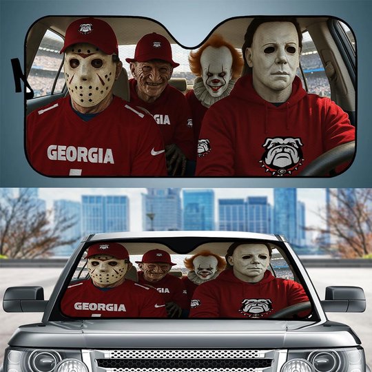 Georgia Bulldogs Horror Movie Car Sunshade | NFL Halloween Windshield Cover Funny Car Sunshade Limited Edition