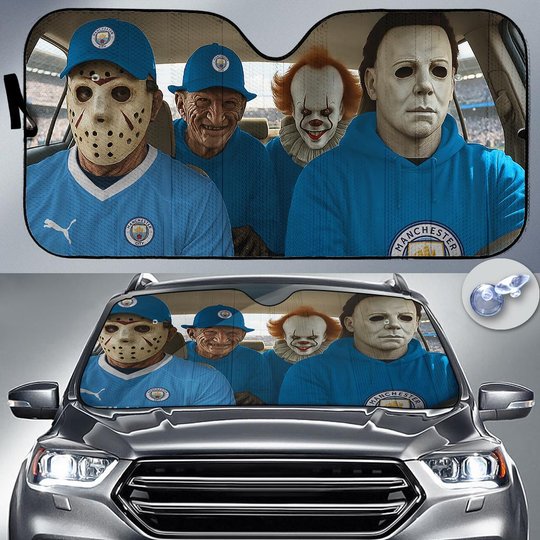 Manchester City Horror Movie Funny Car Sunshade | EPL Halloween Windshield Cover Funny Car Sunshade Limited Edition