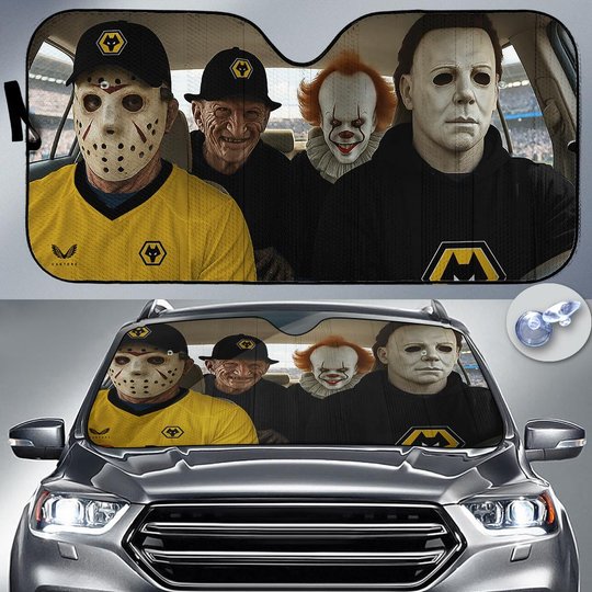 Wolverhampton Wanderers Horror Movie Funny Car Sunshade | EPL Halloween Windshield Cover Funny Car Sunshade Limited Edition