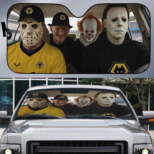 Wolverhampton Wanderers Horror Movie Funny Car Sunshade | EPL Halloween Windshield Cover Funny Car Sunshade Limited Edition
