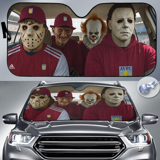 Aston Villa Horror Movie Funny Car Sunshade | EPL Halloween Windshield Cover Funny Car Sunshade Limited Edition
