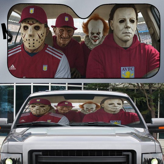 Aston Villa Horror Movie Funny Car Sunshade | EPL Halloween Windshield Cover Funny Car Sunshade Limited Edition