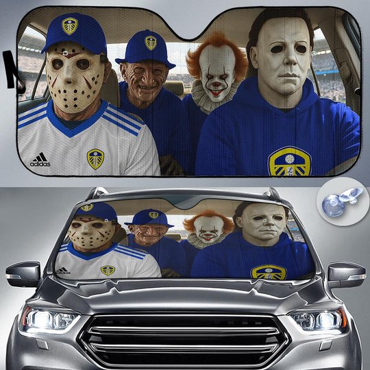 Leeds United Horror Movie Funny Car Sunshade | EPL Halloween Windshield Cover Funny Car Sunshade Limited Edition