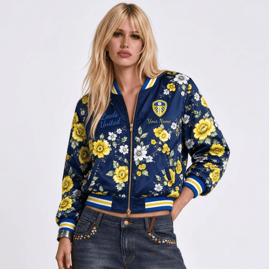 Leed United EPL Women's Floral Print Casual Zip Up Jacket Personalized Name