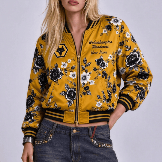 Wolverhampton Wanderers EPL Women's Floral Print Casual Zip Up Jacket Personalized Name