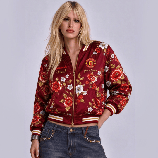 Manchester United EPL Women's Floral Print Casual Zip Up Jacket Personalized Name