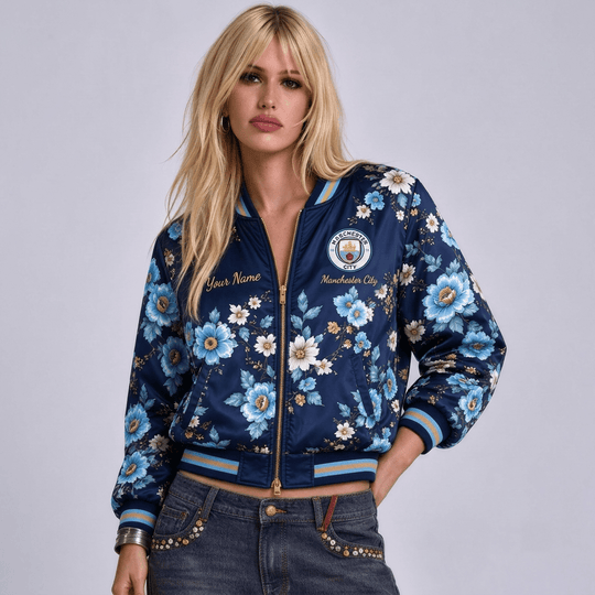 Manchester City EPL Women's Floral Print Casual Zip Up Jacket Personalized Name