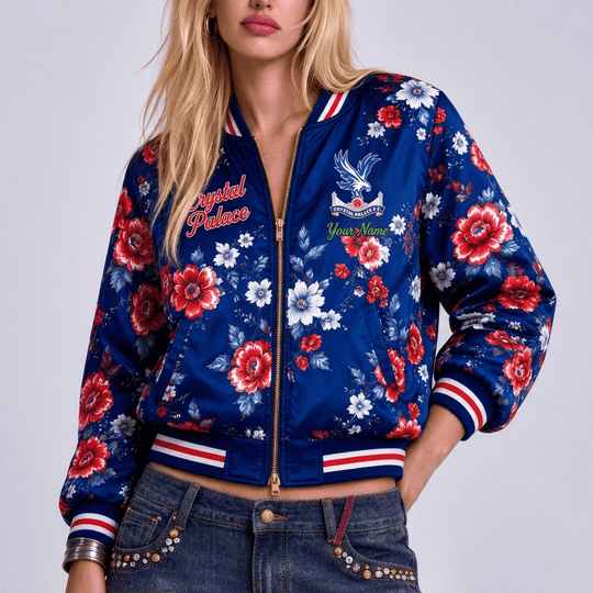 Crystal Palace EPL Women's Floral Print Casual Zip Up Jacket Personalized Name
