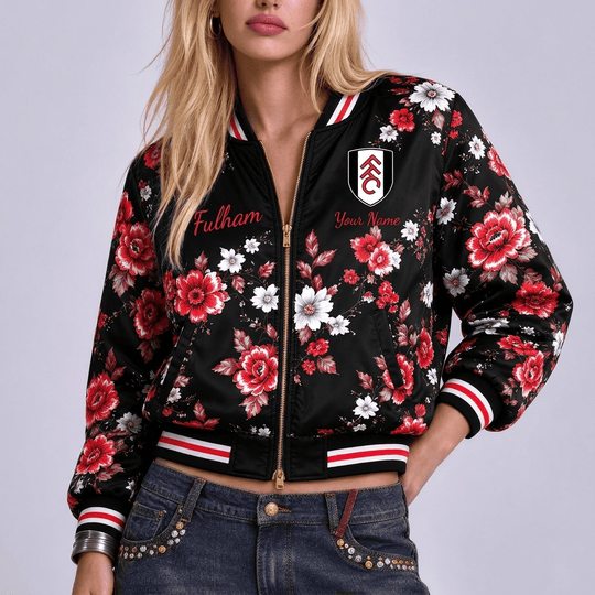 Fulham EPL Women's Floral Print Casual Zip Up Jacket Personalized Name
